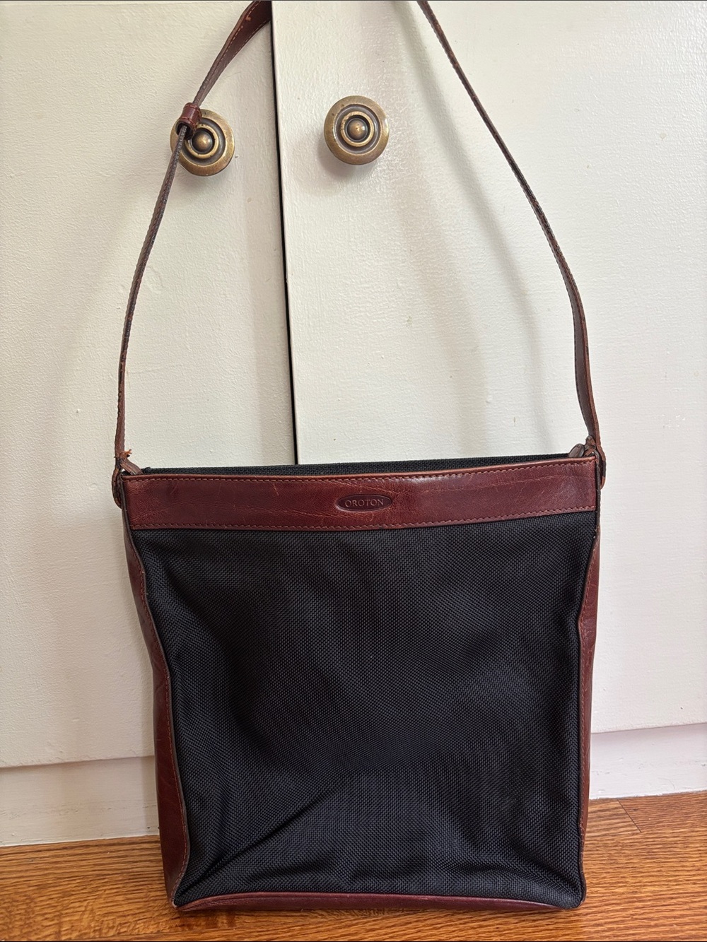Oroton Black Nylon Shoulder Bag with Brown Leather Trim